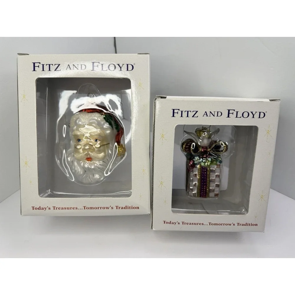 Fitz & Floyd Glass Ornaments Lot Of 2 Present With Dove‎ & Santa With Glasses